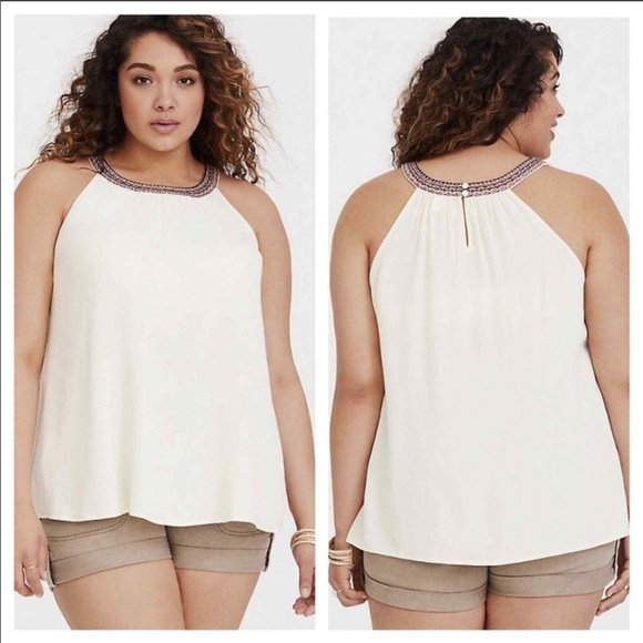 Torrid Women’s Crepe Tank Top Beaded Halter Neck Back Kay Hole Ivory Size 0 - Picture 1 of 7